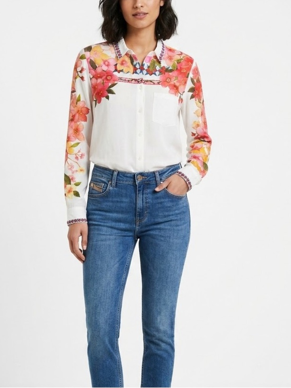 Desigual Floral Geometric Embroidered Long Sleeve Button Down Shirt Small